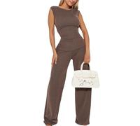 LYXYGMV Temperament Commuting Women Suit Solid Color Round Neck Sleeveless Slim Body Casual Straight Trousers Suit for Women to Wear in Summer(Coffee,S)