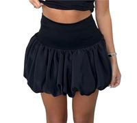 LYXYGMV Women Bubble Mini Skirt Elastic Waist Ruffle Flare Puffy High Rise Cute Pleated Balloon Short Skirts Party Clubwear for Casual Daily(Black,M)