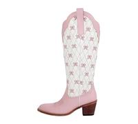 LYXYGMV Women White Pull-on Knee High Cowgirl Boots With Bow Big Size Comfy Women Cowboy Boots for Theme Party Country Concert(SH240901A,39)