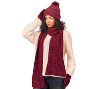 LyzerMia Ladies Chenille Hat Gloves Scarf Set Winter Knitted Touch Screen Gloves Warm Beanie with Gift Box, burgundy, One Size