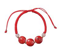 LyzqxHL Couples & Feng Shui Bracelets - Natural Cinnabar Carved Zodiac Design, Hand-Woven Red String Adjustable Style for Natal Year Luck & Money (Lucky Charm Amulet)(Snake Rooster Ox-Jade)