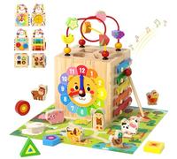 LZDMY Baby Wooden Montessori Toys for 1 2 3 year old, 7 in1 Activity Cube with Farm Animals Map Game, Toddlers Sensory Educational Sorting Toys, Baby Boys Girls 1st Birthday Gift