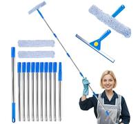 LZEXIN 4m Window Cleaning Equipment Cleaner Tool with Long Handle, 37cm Scrubber and 35cm Window Squeegee Set, Professional Windows Washing Kit with 3 Clean Pads and 1 Wiper