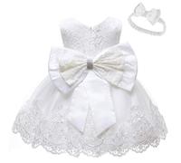 LZH Baby Girls Flower Wedding Dress Toddler Birthday Party Pageant Baptism Christening Tutu Gown Bowknot Dress, White