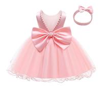 LZH Baby Girls Ruffle Lace Backless with Headwear,Bowknot Flower Dresses Pageant Party Wedding Baby Pink 12-18M