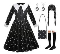 LZH Halloween Dress for Kids Girls Long Black Dress Cosplay Carnival Uniform School Fancy Dress Up with Earring Wig and Bag