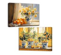LZIMU 2 Pieces Lemon Pictures for Kitchen Yellow Lemon Wall Art Rustic Fruit Painting Blue Pottery Prints Vintage Poster Dining Room Restaurant Decor Framed (Yellow, (11x14inchx2 Pieces))