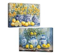 LZIMU 2 Pieces Lemon Pictures for Kitchen Yellow Lemon Wall Art Rustic Fruit Painting Blue Pottery Prints Vintage Poster Dining Room Restaurant Decor Framed (Blue, (11x14inchx2 Pieces))