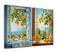 LZIMU 2 Pieces Lemon Pictures for Kitchen Yellow Lemon Wall Art Rustic Fruit Painting Blue Pottery Prints Vintage Poster Dining Room Restaurant Decor Framed (Orange, (12x16inchx2 Pieces))
