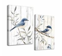 LZIMU 2Pcs Blue Gray Bird Canvas Wall Art Rustic Bathroom Picture Prints Cute Animals Painting Poster Nature Plant Artwork for Living Room Bedroom Decor (30x40cmx2 Pieces)