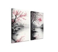 LZIMU 2Pcs Japanese Landscape Canvas Wall Art Pink Cherry Blossom Pictures Sakura Poster Prints Pink Flowers and Moon Paintings Large Japan Office Decor Framed (Black, 8x16inchx2 Pieces)