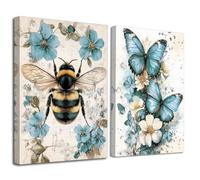 LZIMU 2Pcs Vintage Bee Canvas Wall Art Rustic Flower Butterfly Picture Prints Nature Insect Plant Painting Retro Bumble Floral Poster for Kitchen Office Home Decor (Teal, (28x35cmx2 Pieces))