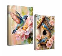 LZIMU 2Pcs Vintage Hummingbird Canvas Wall Art Rustic Pink Flower Painting Poster Bird Nest Picture Prints Country Spring Blue Bird Artwork Kitchen Bathroom Decor (30x40cmx2 Pieces)