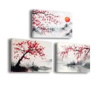 LZIMU 3 Piece Japanese Landscape Canvas Wall Art Red Sun Cranes and Cherry Prints Chinese Japanese Style Picture Mount Fuji Oriental Ink Painting for Bedroom Living Room (Red, 28x35cmx3 Pieces)