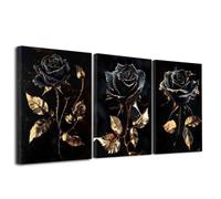 LZIMU 3 Pieces Rose Wall Art Black Gold Rose Pictures Abstract Flower Leaf Canvas Prints Modern Plant Floral Painting Poster for Living Room Bathroom Office Decor (Black, (12x16inchx3 Pieces))