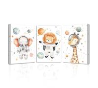 LZIMU 3Pcs Astronaut Canvas Wall Art Nursery Space Adventure Wall Decor Cute Giraffe Lion Elephant Pictures Prints for Baby Kids Boys Room Decoration Framed (11x14inchx3 Pieces)