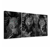 LZIMU 3Pcs Jungle Animal Canvas Wall Art Tiger Lion Leopard with Leaves Pictures Prints African Wildlife Paintings Poster Hunting Cabin Artwork Home Decor (Black and White, (28x35cmx3 Pieces))