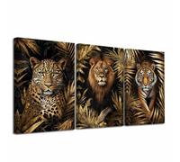 LZIMU 3Pcs Jungle Animal Canvas Wall Art Tiger Lion Leopard with Leaves Pictures Prints African Wildlife Paintings Poster Hunting Cabin Artwork Home Decor (Gold, (40x60cmx3 Pieces))