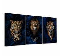 LZIMU 3Pcs Jungle Animal Canvas Wall Art Tiger Lion Leopard with Leaves Pictures Prints African Wildlife Paintings Poster Hunting Cabin Artwork Home Decor (Blue, (28x35cmx3 Pieces))