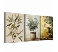 LZIMU 3Pcs Vintage Olive Canvas Wall Art Green Olives Branch Pictures Prints Rustic Farmhouse Paintings Neutral Botanical Poster Still Life Kitchen Dining Room Decor (28x35cmx3 Pieces)