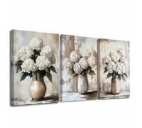 LZIMU 3Pcs White Hydrangea Wall Art Vintage Floral Picture Flowers in Vase Canvas Print Rustic Farmhouse Painting Gray Beige Brown Poster Living Room Bedroom Decor (30x40cmx3 Pieces)