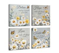 LZIMU 4 Pieces Inspirational Butterfly Wall Art Faith Hope Love Believe Picture Motivational Quotes Poster Prints Daisy Flower Painting for Office Decor (Grey, 12x12inchx4 Pieces)