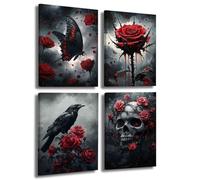 LZIMU 4Pcs Gothic Wall Art Romantic Rose Picture Raven Crow Butterfly Skull Canvas Print Dark Goth Horror Aesthetic Poster Black White Painting Halloween Home Decor (Red, (20x30cmx4 Pieces))