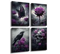 LZIMU 4Pcs Gothic Wall Art Romantic Rose Picture Raven Crow Butterfly Skull Canvas Print Dark Goth Horror Aesthetic Poster Black White Painting Halloween Home Decor (Purple, (30x40cmx4 Pieces))