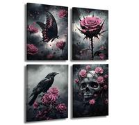 LZIMU 4Pcs Gothic Wall Art Romantic Rose Picture Raven Crow Butterfly Skull Canvas Print Dark Goth Horror Aesthetic Poster Black White Painting Halloween Home Decor (Pink, (30x40cmx4 Pieces))