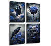 LZIMU 4Pcs Gothic Wall Art Romantic Rose Picture Raven Crow Butterfly Skull Canvas Print Dark Goth Horror Aesthetic Poster Black White Painting Halloween Home Decor (Blue, (40x60cmx4 Pieces))