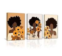 LZIMU African American Canvas Wall Art 3 Pieces Black Woman with Sunflower Flower Picture Prints Nordic Minimalist Artwork for Girls Room Bedroom Decor (Frame (Ready to Hang), 12"x16"x3P)