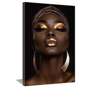 LZIMU African American Canvas Wall Art Black Woman Face Picture Gold Earrings Necklace Girl Painting Prints for Home Bedroom Living Room Decor Framed (Woman-2, 16"x24")