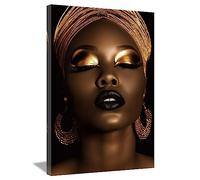 LZIMU African American Canvas Wall Art Black Woman Face Picture Gold Earrings Necklace Girl Painting Prints for Home Bedroom Living Room Decor Framed (Woman-3, 16"x24")