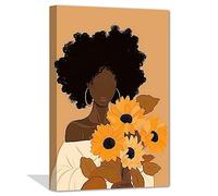 LZIMU African American Canvas Wall Art Black Woman with Sunflower Flower Picture Prints Nordic Minimalist Artwork for Girls Room Bedroom Decor (Woman-1, 8"x12"Frame)