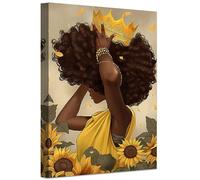 LZIMU African American Wall Art Black Queen with Crown Yellow Sunflower Canvas Prints Black Woman Picture Inspirational Artwork for Girls Bedroom Decor Framed (Black Queen-2, 16.00"x24.00")