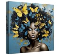 LZIMU African American Wall Art Butterfly on Black Women Head Canvas Prints Abstract Girl Picture Colorful Artwork for Girls Bedroom Room Decor Framed (Girl-1, 20.00"x20.00")
