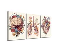 LZIMU Anatomical Organs Canvas Wall Art 3 Panel Viscera Heart Lungs Brain Pictures Wall Decor Human Organ Flower Painting Prints For Hospital Doctor Office Framed (Pink, 12x16inchx3 Pieces)