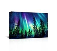 LZIMU Aurora Borealis Wall Art Northern Lights Wall Decor Forest Trees Landscape Pictures Prints Large Green Artwork for Office Decor Framed (A, 12.00"x18.00")