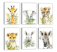LZIMU Baby Safari Animals Nursery Wall Art 6 Pieces Cute Giraffe Elephant Tiger Leopard Rhino Zebra Poster Woodland Watercolor Canvas Prints Kids Room Decor (Frame (Ready to Hang), 8.00"x12.00"x6)