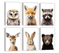 LZIMU Baby Safari Animals Nursery Wall Art 6 Pieces Cute Owl Fox Raccoon Deer Rabbit Bear Poster Woodland Canvas Prints Kids Room Decor (Frame (Ready to Hang), 8.00"x12.00"x6)