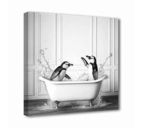 LZIMU Bathroom Canvas Prints Wall Art Penguins Bathing In a Bathtub Painting Funny Bathroom Pictures Wall Decor Black and White Poster for Home Decor (30.00 x 30.00 cms)