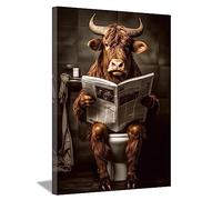 LZIMU Bathroom Cow Wall Art Brown Cattle Sitting on Toilet Reading Newspaper Canvas Prints Funny Animals Posters Home Decor Framed (Bathroom-4, 16"x24")