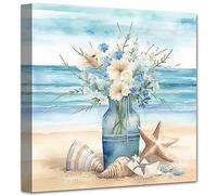 LZIMU Bathroom Decor Blue Beach Wall Art Ocean Theme Canvas Print Coastal Seascape Painting Flower in Indian Vase Seaside Shell Starfish Picture (Beach-3, 40.00 x 40.00 cms)