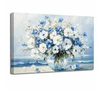 LZIMU Bathroom Flower Wall Art Blue White Blossom Picture Vintage Floral Bouquet Painting Beach Coastal Poster Rustic Flowers in Vases Artwork Bedroom Office Decor (40L x 60W cm)