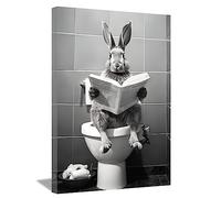 LZIMU Bathroom Funny Rabbit Wall Art Rabbit Sitting on Toilet Reading Newspaper Canvas Prints Black and White Posters Home Decor Framed (Bathroom-5, 16"x24")