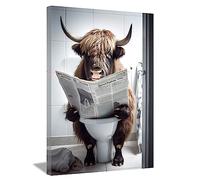 LZIMU Bathroom Highland Cow Wall Art Brown Cattle Sitting on Toilet Reading Newspaper Canvas Prints Funny Animals Posters Home Decor Framed (Bathroom-3, 20"x30")