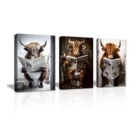 LZIMU Bathroom Wall Art 3 Piece Highland Cow Sitting on Toilet Reading Newspaper Canvas Prints Funny Animals Bathroom Pictures Wall Decor Framed (Bathroom-1, 16"x24"x3PCS (40.00 x 60.00cms x 3PCS))