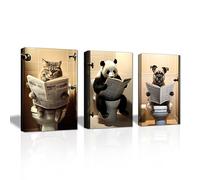 LZIMU Bathroom Wall Art - 3 Piece Panda Dog Cat Sitting on Toilet Reading Newspaper Canvas Prints - Funny Animals Wall Decor - Framed (16"x24"x3PCS (40.00 x 60.00cms x 3PCS))