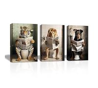 LZIMU Bathroom Wall Art 3 Piece Tiger Lion Dog Sitting on Toilet Reading Newspaper Canvas Prints Funny Animals Bathroom Pictures Wall Decor Framed (Bathroom-3, 12"x16"x3PCS (30.00 x 40.00cms x 3PCS))