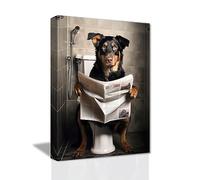 LZIMU Bathroom Wall Art - Cute Dog Sitting on Toilet Reading Newspaper Canvas Prints - Funny Animals Pictures Wall Decor Framed (12"x18" / 30.00 x 45.00 cms)